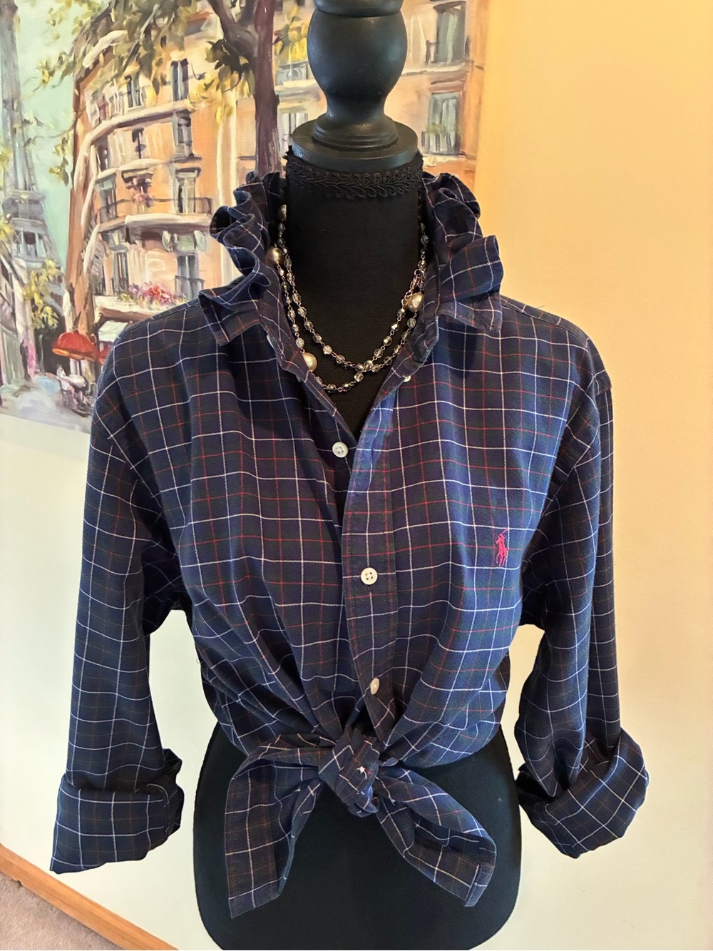 Ralph Lauren Navy and Red Plaid Ruffle-Collar Tie Front Shirt